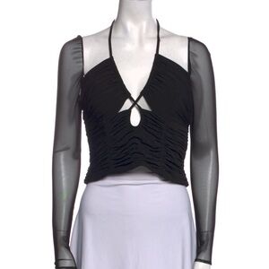 NEW Self-Portrait Gathered Detailed Top Criss Cross Open Keyhole Halter Mesh 6